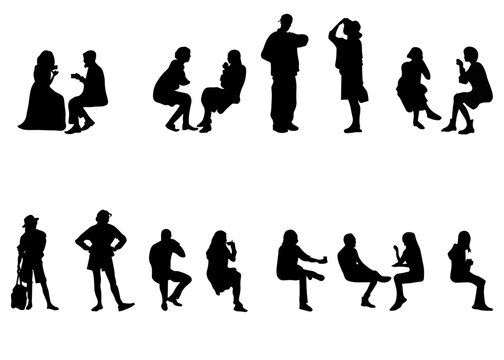 Set of 16 realistic black people silhouettes in seated, standing, and social interaction poses. Suitable for architecture plans, interior visualization, urban design, infographics, presentation