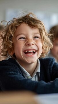 A young boy attentively listening during a classroom lesson, later smiling openly in the video. The scene represents childhood well-being, positive education, curiosity, motivation