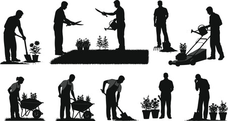 Gardening silhouette, landscaping activity, people working, shovel digging, wheelbarrow loading, watering plants, trimming bushes, lawn care, horticulture tools, outdoor maintenance © MDMAHOMUDUL