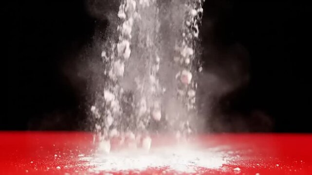 White powder explosion captured in motion, against a dark background with a red surface