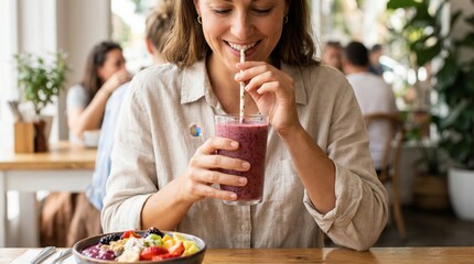 Joyful Woman Sipping Refreshing Berry Smoothie in a Bright Cafe Setting with Healthy Food