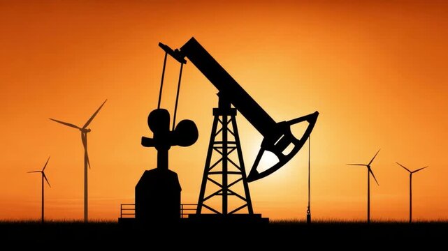 Silhouette of Oil Pump Jack with Wind Turbines at Sunset Over Horizon in Energy Industry Scene Background 4k video footage