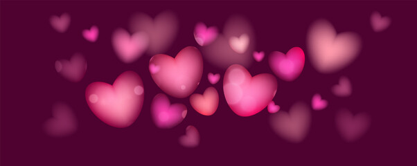Dark romantic background with glowing pink and red heart bokeh for Valentines mood. Ideal for banners, posters, invitations, and festive graphics