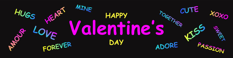 Bright colorful Valentines neon word pattern on a black background. Holographic love themed words for festive posters, digital designs, and holiday layouts