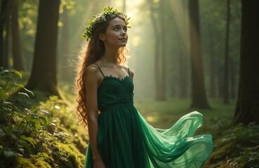 Young woman with flower crown stands in sunlit forest wearing green dress. Her wavy hair flows as she looks up towards light rays filtering through trees. Nature setting evokes fairytale mood.