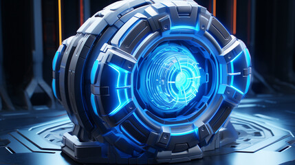 Futuristic glowing portal device with intricate blue energy core on a metallic surface