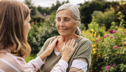 Fototapeta premium Senior woman smiling kindly during supportive touch moment natural outdoor bokeh emotional connection garden background cheerful affectionate caring friendship happiness