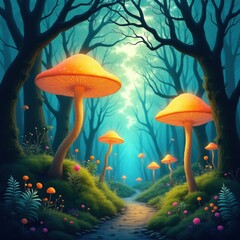 Enchanted forest path with luminous mushrooms