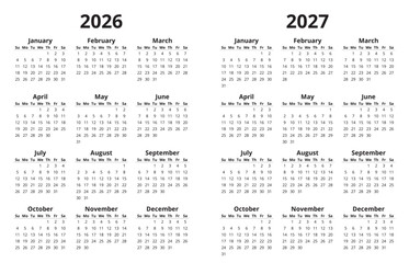 2026 and 2027 simple annual calendars. English vector year design