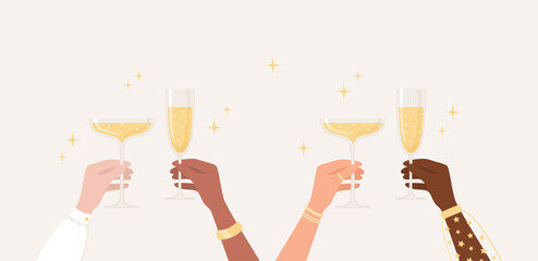 Hands of women of different nationalities and skin tones holding glasses of sparkling wine. Flat vector illustration