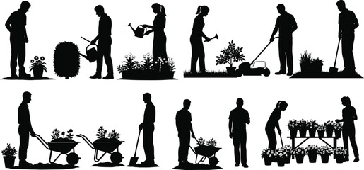 Gardening silhouette, people working, lawn care, watering plants, trimming bushes, wheelbarrow transport, shovel digging, horticulture tools, landscaping activity, outdoor work © MDMAHOMUDUL