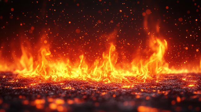 A vibrant scene showcases intense orange flames and scattered sparks against a dark background.