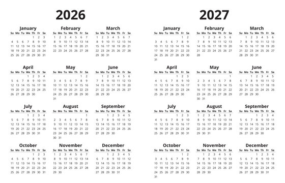 2026 and 2027 simple annual calendars. English vector year design