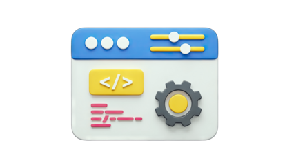 3D Software Interface Icon with Code, Settings, and Gear