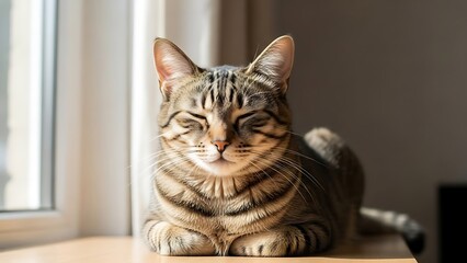 Peaceful tabby cat sleeping in a sunbeam by a window, showcasing beautiful fur patterns and warm lighting, creating a serene and cozy domestic scene with vibrant colors.