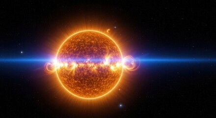 A celestial body glows brightly amidst cosmic dust and a radiant blue beam