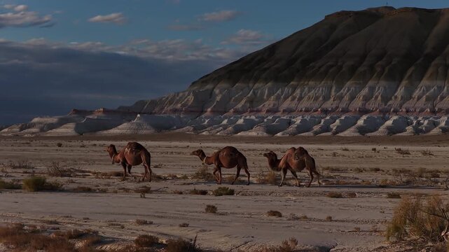 Three bactrian camels walking through arid ustyurt plateau desert, Bokty mountain
