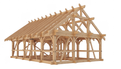 Wooden house frame with gable roof isolated on a transparent background