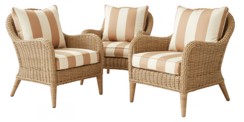 Wicker armchairs with beige and white striped cushions isolated on a transparent background