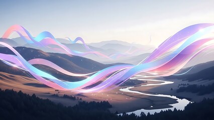 Surreal flowing ribbons of light and color weave through misty mountain landscape at sunrise