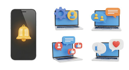 3d icons set for mobile notification, social media feedback, and online communication isolated on transparent background