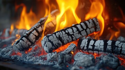 A close-up view showcases charred wooden logs engulfed in intense flames, creating a dramatic visual effect.