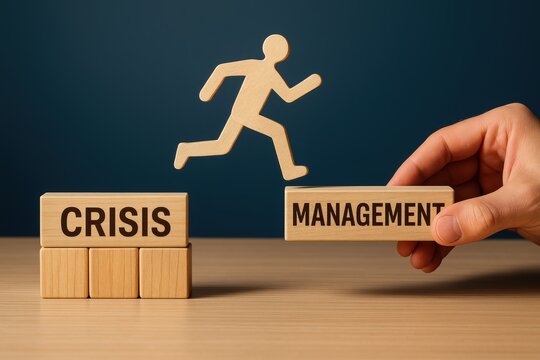  Navigating the Precipice: A symbolic depiction of crisis management, where an individual leaps over a chasm between crisis and management.