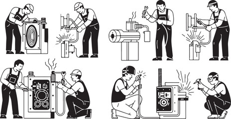 Professional Electrician Work Illustration Set &mdash; Skilled Technicians Installing, Repairing and Testing Electrical Panels, Wiring and Industrial Equipment in Line Art Style