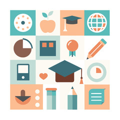 A vibrant collection of educational and school-related icons in flat design style