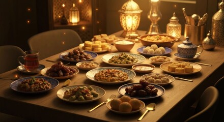 Fototapeta premium A festive table laden with Middle Eastern food, illuminated by lanterns