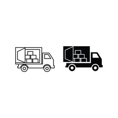 Delivery Truck with Boxes: Two Trucks with Open Cargo Areas Filled with Stacked Boxes, One in Black and White Outline, Other Fully Black