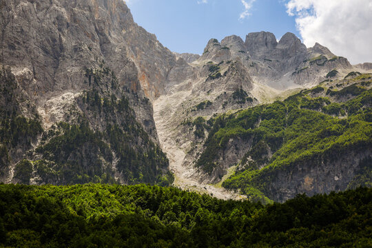 Scenic summer landscape of Valbona Valley National Park. Prokletije or Accursed Mountains in Northern Albania, Europe	