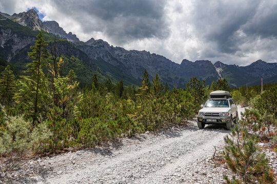 Off road track on Valbona Valley National Park. Prokletije or Accursed Mountains in Northern Albania, Europe	