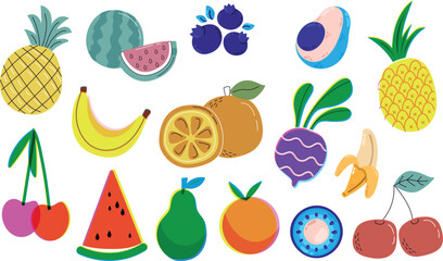 Summer Fruits Halftone Duotone Collage Cut Outs Set with Vintage Dot Texture, Peach Grape Cherry Strawberry Pineapple Illustration, Modern Retro Mixed Media Vector