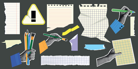 Torn Paper Pieces Set with Blue Graph Grid Texture, Vintage School Notebook Paper Cut Outs, Hand Torn Edges, Doodle Scrap Elements, Modern Retro Mixed Media Vector Illustration