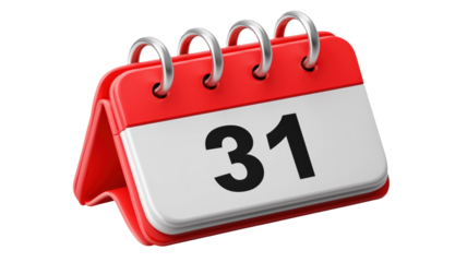 Red and white 3d calendar icon showing date thirty one for planning and scheduling.

