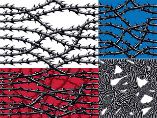 Grunge Photocopy Stipple Texture Seamless Pattern with Barbed Wire, Retro Dot Noise Effect, Y2K Inspired Goth Style Vector Illustration for Apparel and Poster Design