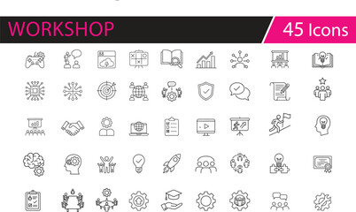 Modern business strategy icons set, teamwork, innovation, growth, leadership, analytics, success, digital transformation, collaboration, productivity, brainstorming,