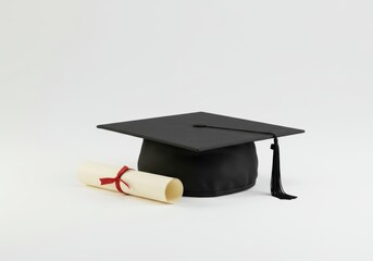 Graduation cap and diploma on white background: celebrating academic success