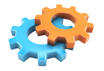 Blue and orange 3d gears interlocking for settings and teamwork concepts.

