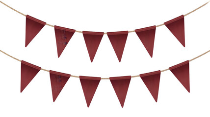 Vibrant red triangular pennant banners on gold strings on transparent background PNG