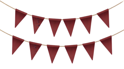 Vibrant red triangular pennant banners on gold strings on transparent background PNG