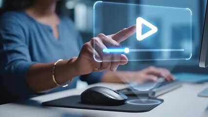 Person touching play button on futuristic interface for video playback. - Powered by Adobe