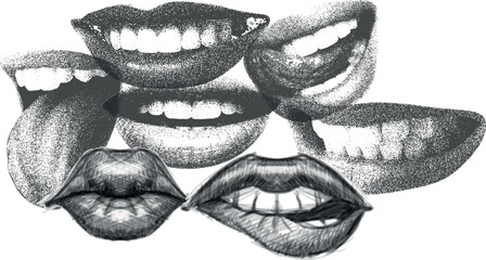Human Mouths Halftone Collage Set, Smiling Talking Shouting Lips, Dotted Pop Art Magazine Style, Modern Retro Urban Vector Sticker Illustration