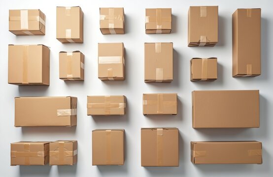 Cardboard boxes and parcels arranged neatly. Different sizes and shapes are ready for packing and shipping. Objects are on a white background for delivery and logistics.