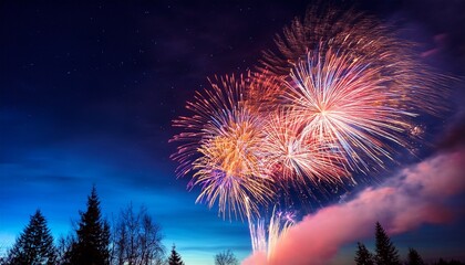 vibrant fireworks bursting against a dark night sky with visible trails and drifting smoke softly illuminated clouds and distant tree silhouettes for scale