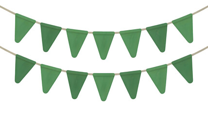 Green triangular bunting flags on strings for decoration on transparent background PNG