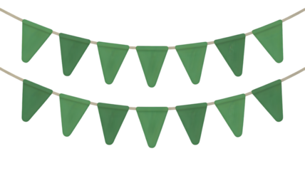 Green triangular bunting flags on strings for decoration on transparent background PNG