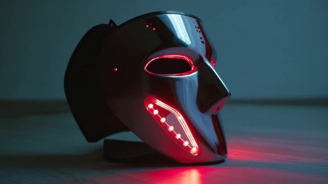 Ultra HD Black futuristic led light up mask with glowing red lights for halloween, rave, party, or cyberpunk costume concept video