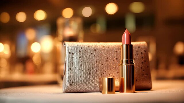 Ultra HD Luxury pink lipstick in gold case with sparkling clutch bag on table with warm bokeh background for evening makeup or beauty concept video